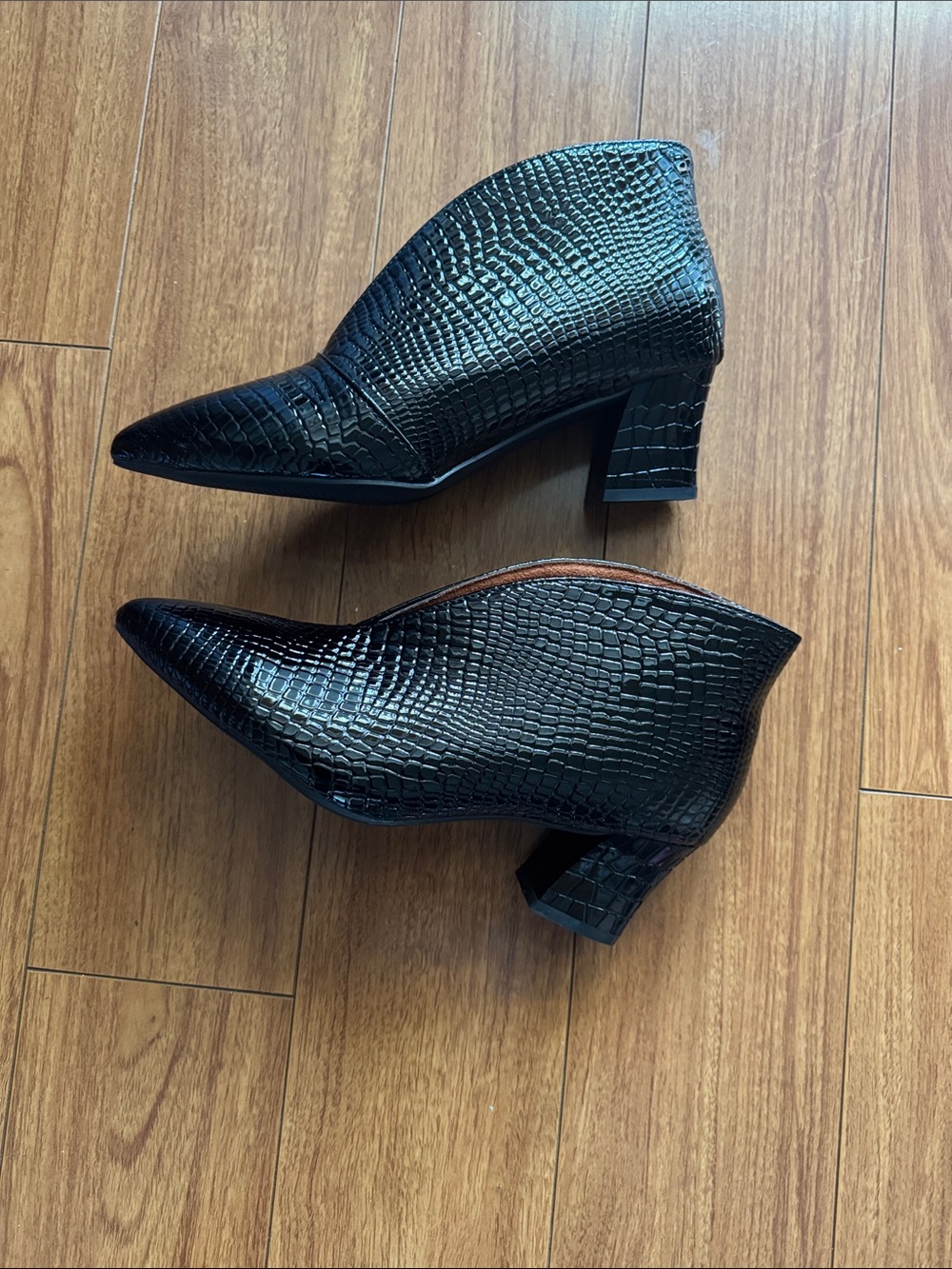 Love Black Croc-Embossed Pointed Ankle Booties